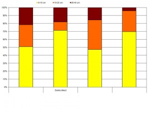 Figure 4. Variation de l’effectif de la flore recensée chez le blé tendre selon le semis conventionnel et le semis direct en fonction de la profondeur du sol sur le profil 0-40 cm (en %) au Domaine expérimental de Douyet en 2010