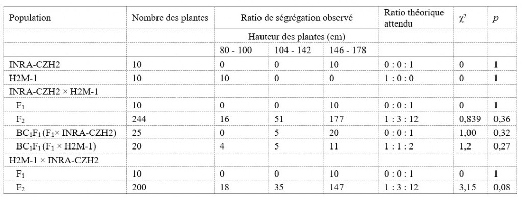 Tableau 1. Distribution de la hauteur des plantes et le test du khi-deux pour les ratios de ségrégation dans les populations F1, F2 et BC1F1 résultant de croisements réciproques entre la lignée de type sauvage ‘INRA-CZH2’ et le mutant ‘H2M-1’.